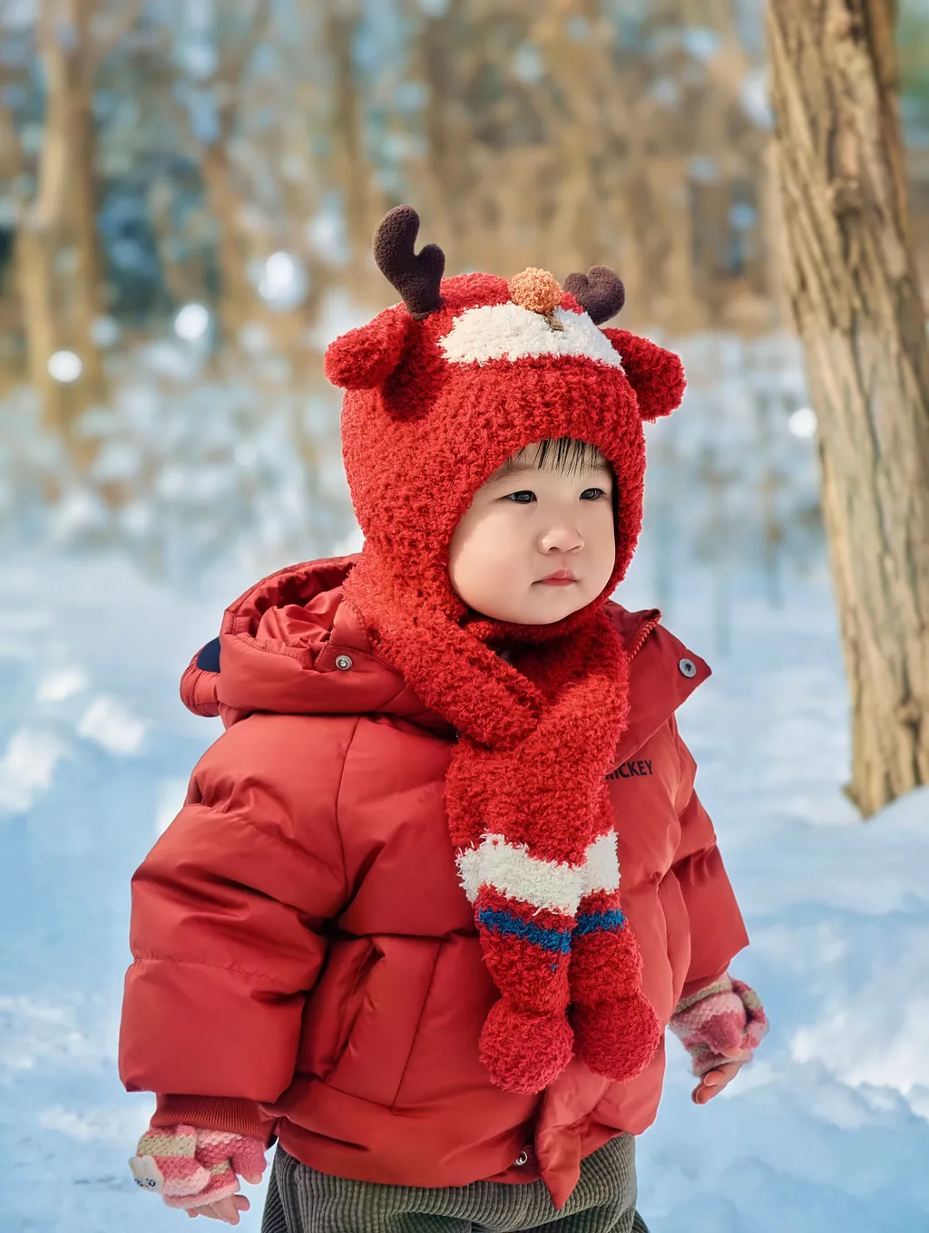 雪地中凝望的红色小精灵