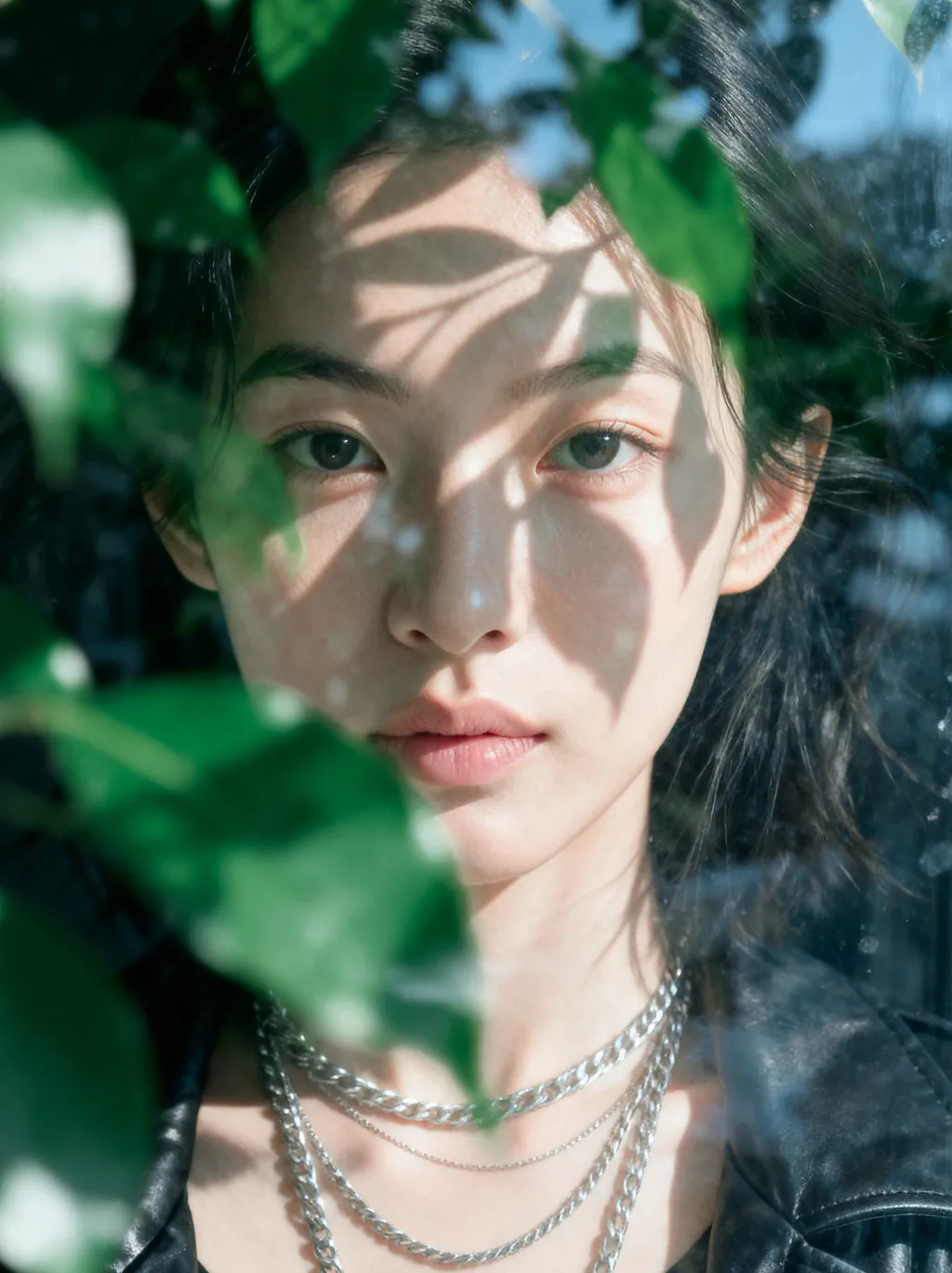 AI 生成人像：正面平光下的叶影纹理