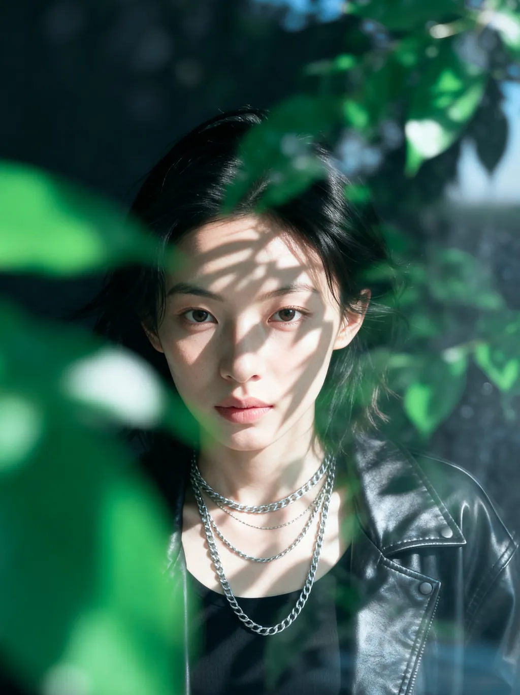 AI 生成人像：玻璃水汽与前后景的绿叶虚化