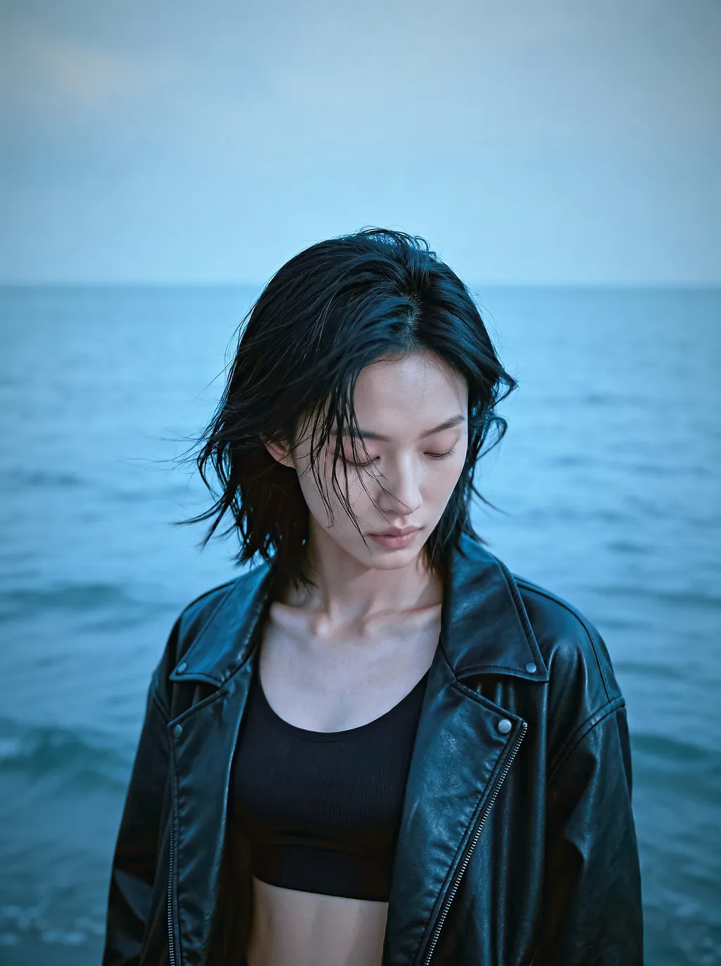 AI 生成影像：低头闭目的海边肖像