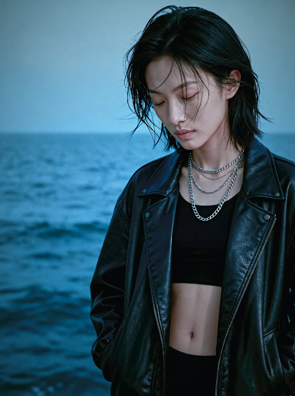 AI 生成影像：海边肖像，戴着银色项链