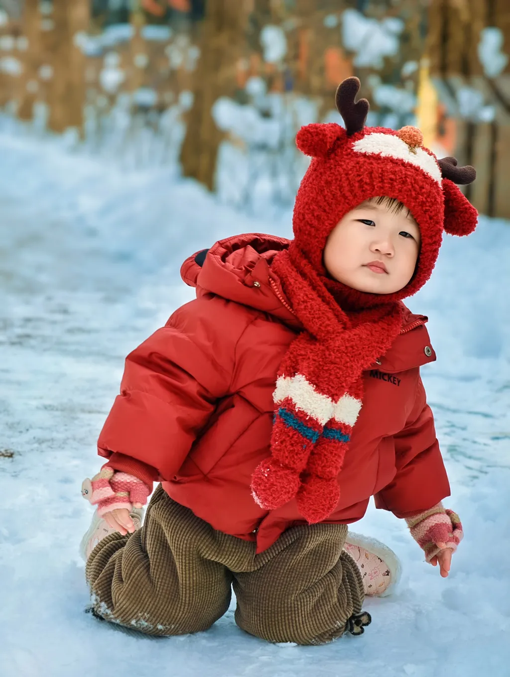 雪原中央，红外套与鹿角帽的正面