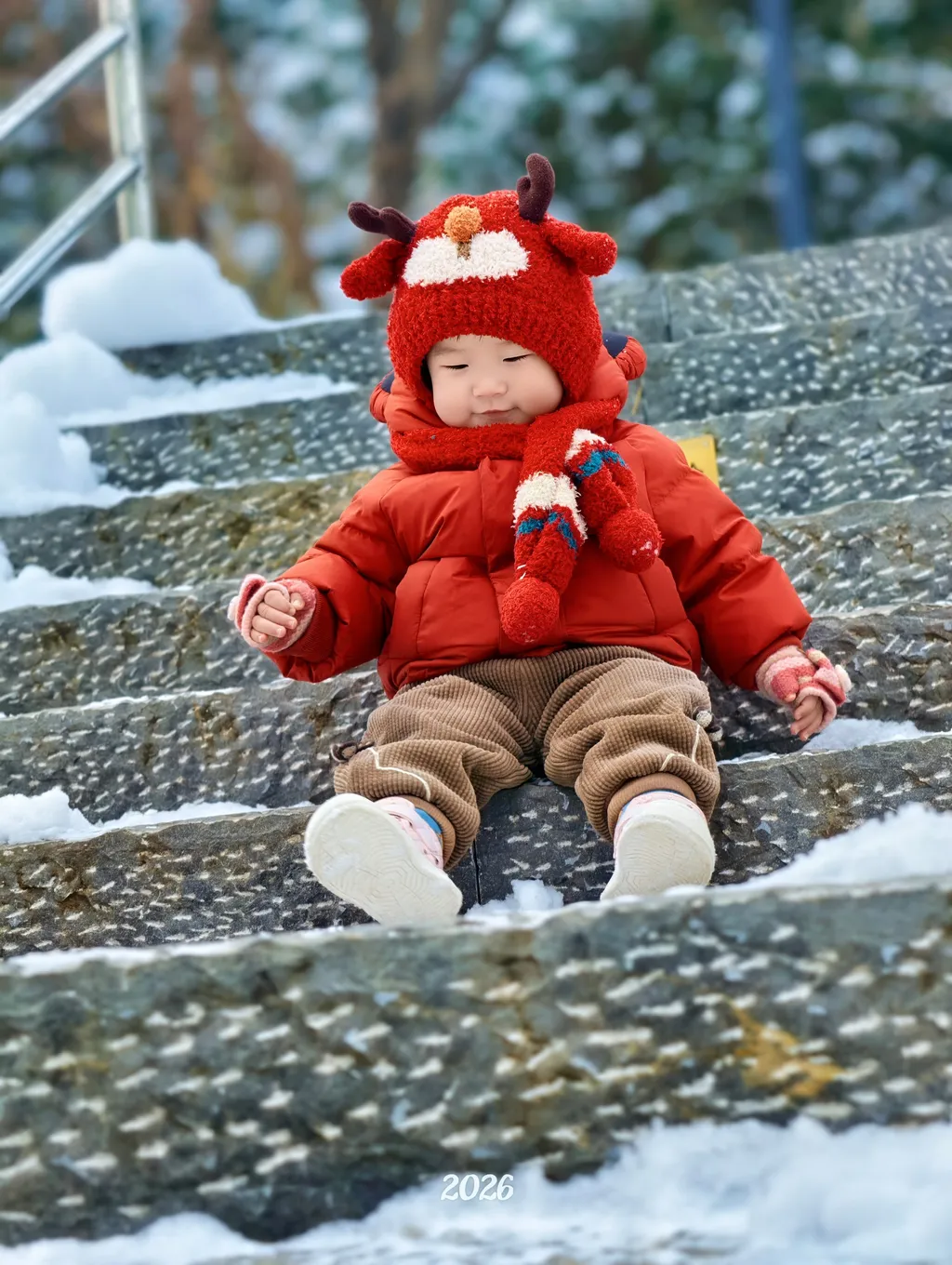 坐在雪阶上休息的间隙